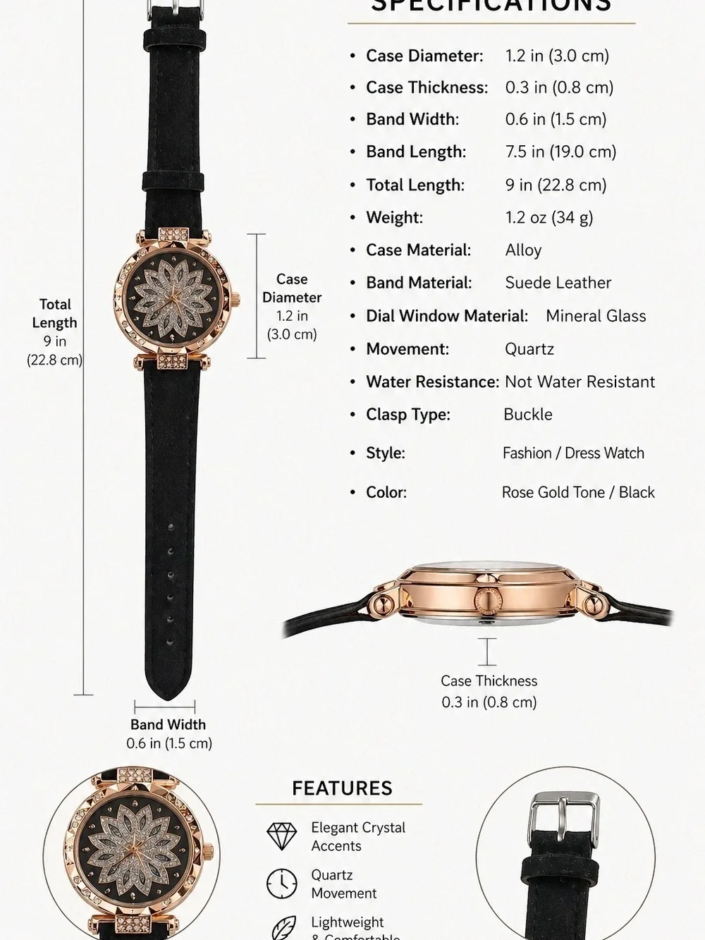 Women Rose Gold Floral Crystal Dial Watch Black Strap- Battery Included